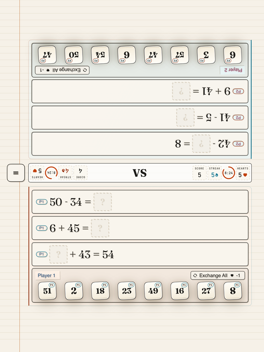 Board Battle on iPad with arithmetic equations and player scores of five and four
