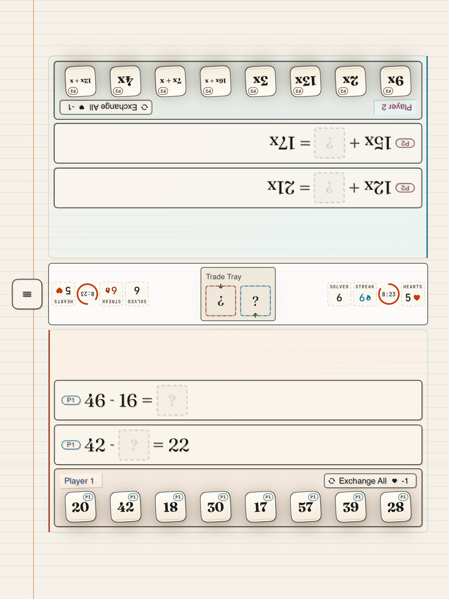 Board Together on iPad with arithmetic for Player 1 and algebra for Player 2