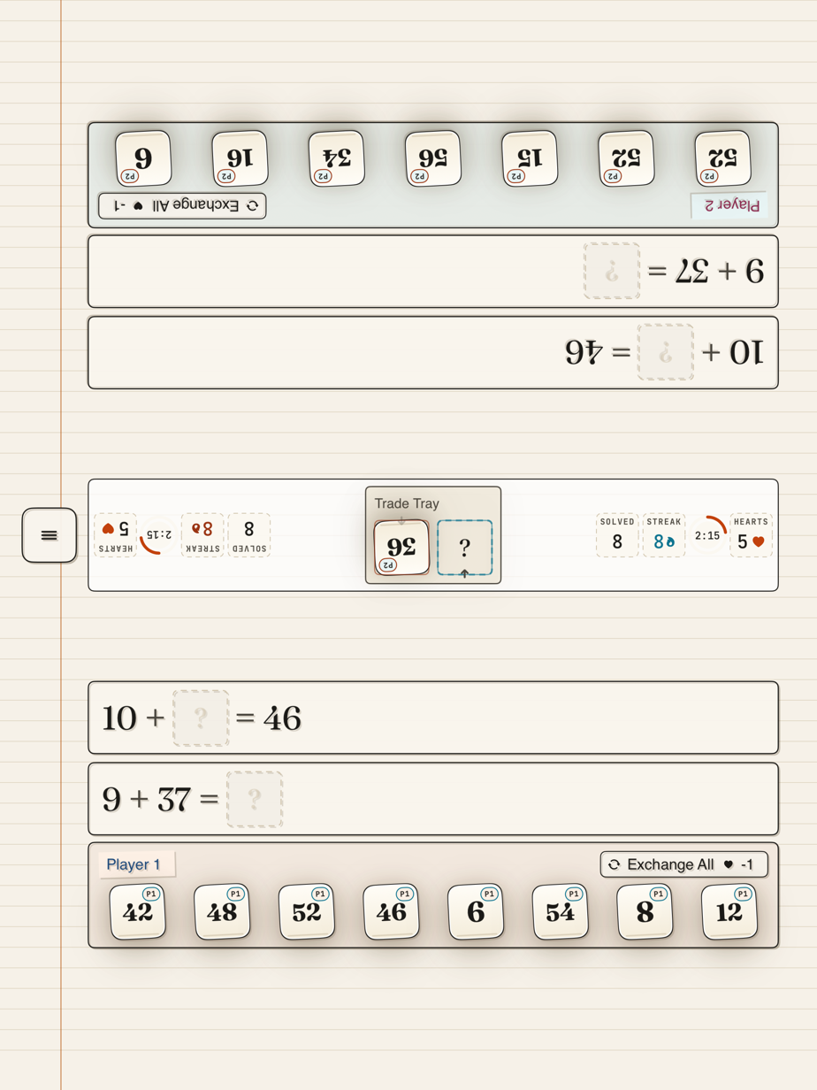 Two players share arithmetic equations on iPad, with a tile offered in the trade tray