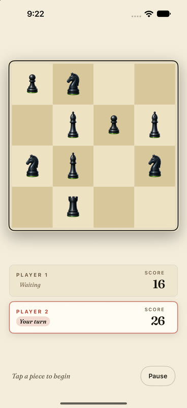 Royal Merge Versus on iPhone, with Player 2 leading 26 to 16