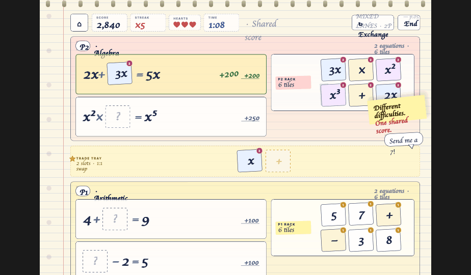 Mixed-level lanes screenshot: player two solving algebra in the top lane and player one solving arithmetic in the bottom lane, with a note reading different difficulties, one shared score