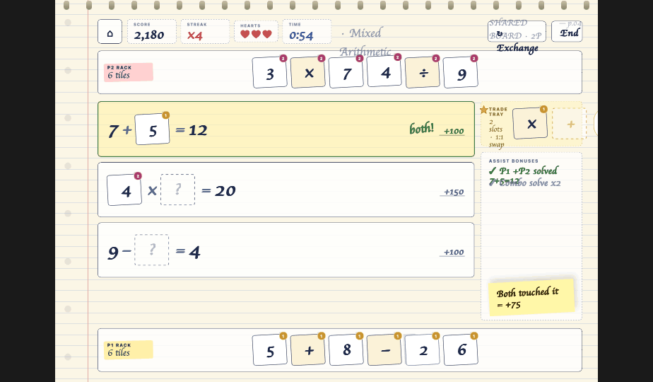 Shared board screenshot for two players: two tile racks, a shared set of equations, a trade tray in the middle, and assist bonuses for solving together