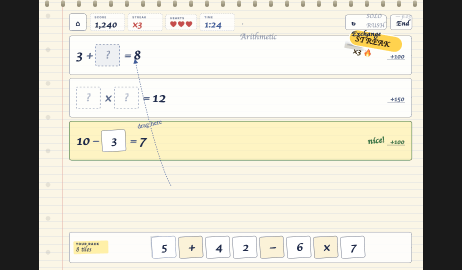 Solo Rush screenshot: three equations with blank tiles, a score of 1,240, a three-streak, three hearts, a 1:24 clock, and a rack of eight number and operator tiles along the bottom