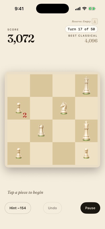 iPhone screenshot of Royal Merge mid-run in Solo, showing a 4x4 board with rooks, knights, and pawns, a score of 3,072, and the Hint button charging 154 points