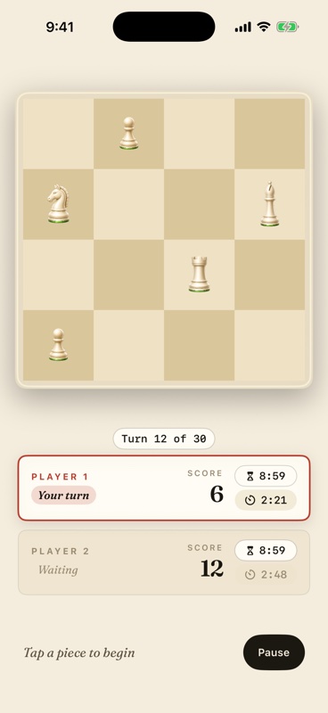 iPhone screenshot of a Versus match on a shared 4x4 board, showing Player 1 on turn with score 6 and Player 2 waiting with score 12, both clocks at 8:59